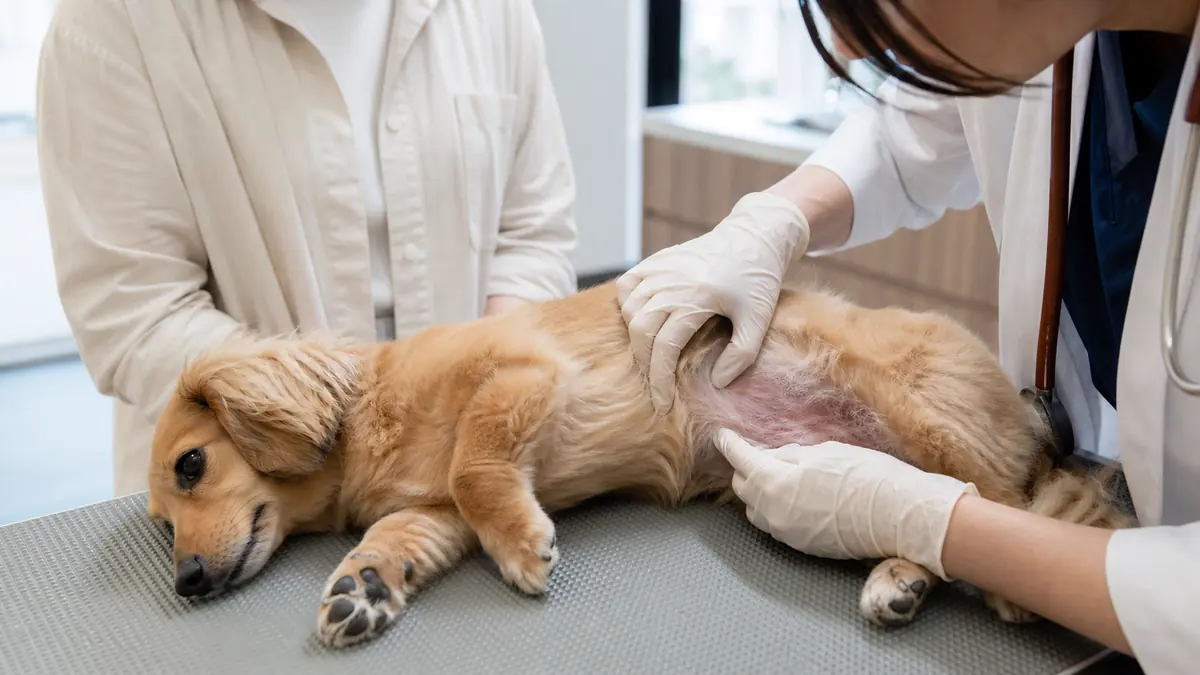 動物病院で犬の腹部の皮膚の赤みを確認している様子