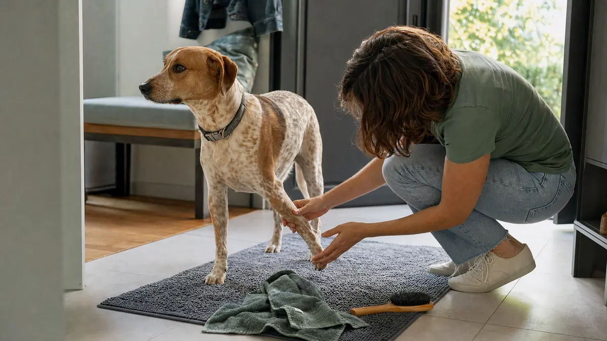 散歩後に犬の足先と足裏の赤みやなめ跡を確認している様子