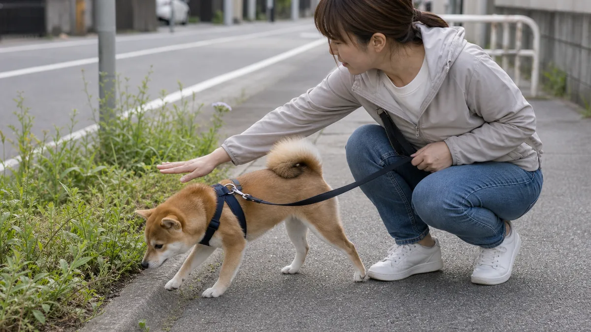 道端の草から犬をやさしく離す飼い主