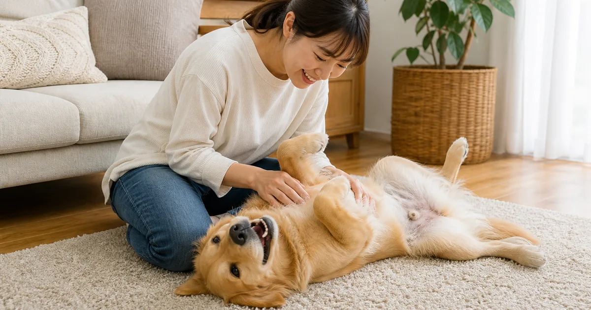 遊びの中でリラックスしてお腹を見せる犬