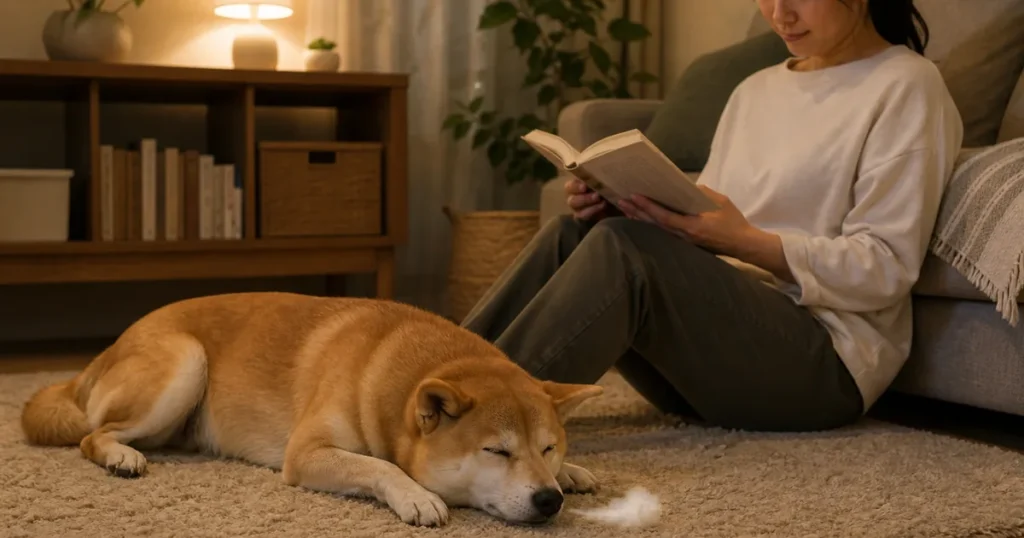 散歩後にリラックスしてため息をつく犬