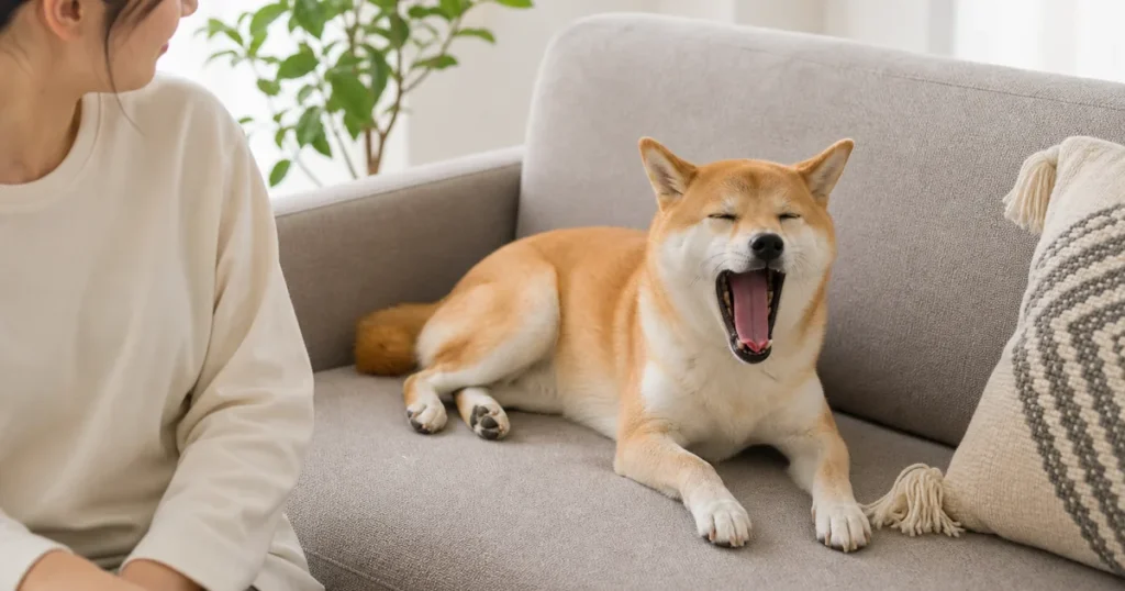 遊んだ後にソファでゆったりあくびをする犬