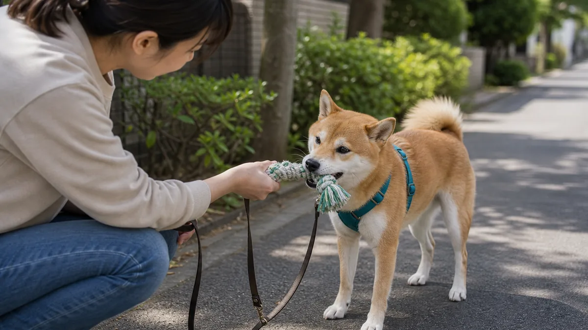 リードの代わりにおもちゃをくわえる練習をする犬