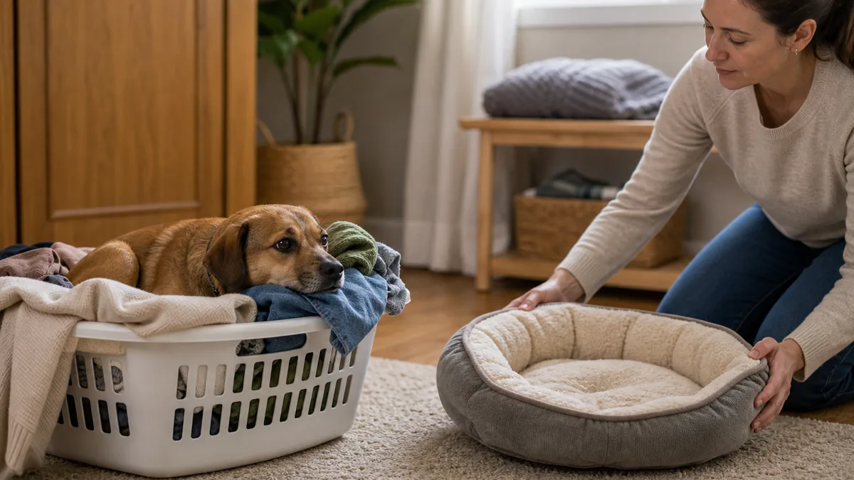 洗濯物の近くで休む犬に犬用ベッドを用意する飼い主
