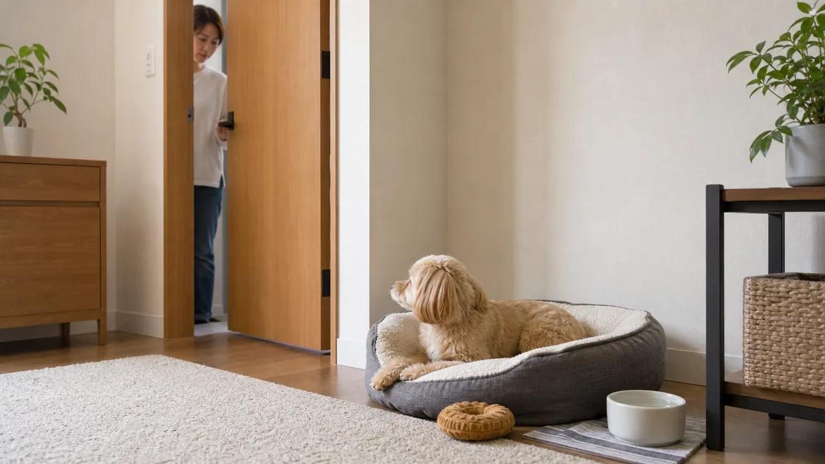 安全な居場所で短い留守番練習をする犬