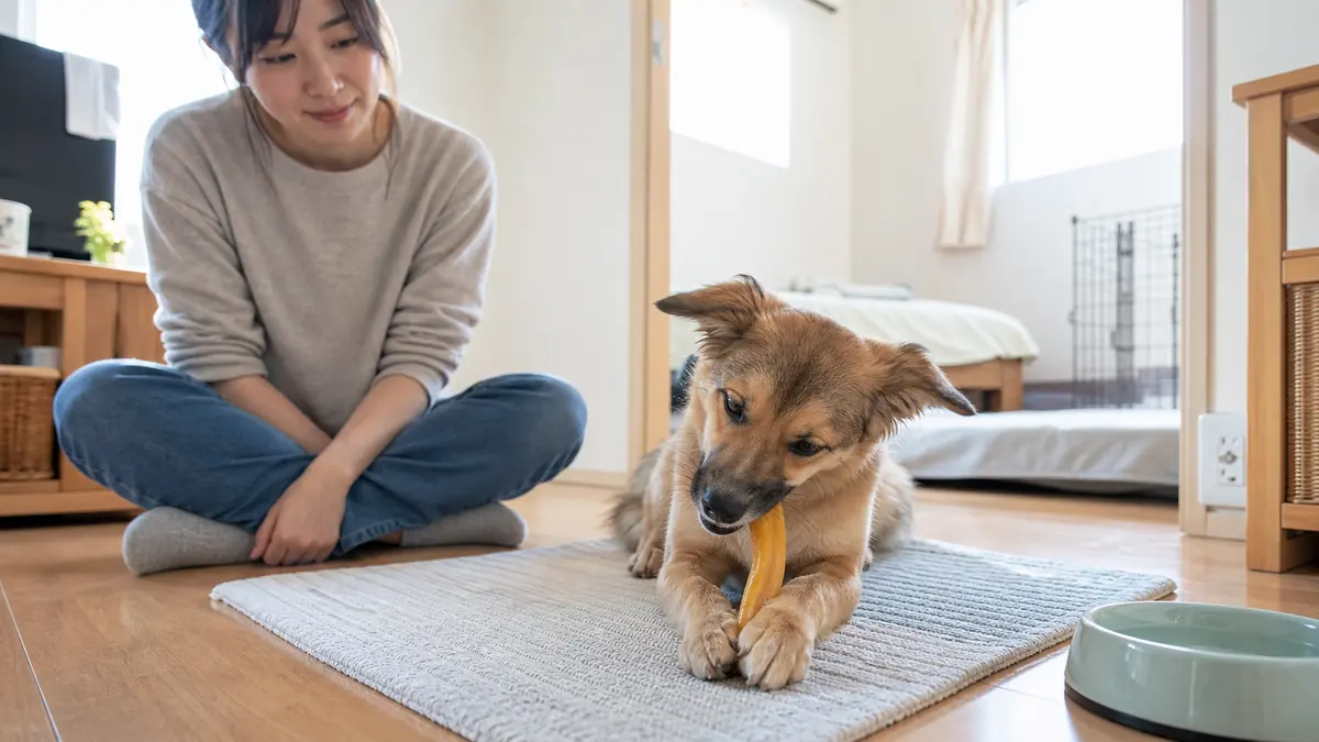安全に配慮したデンタルチューを見守りながら使う犬