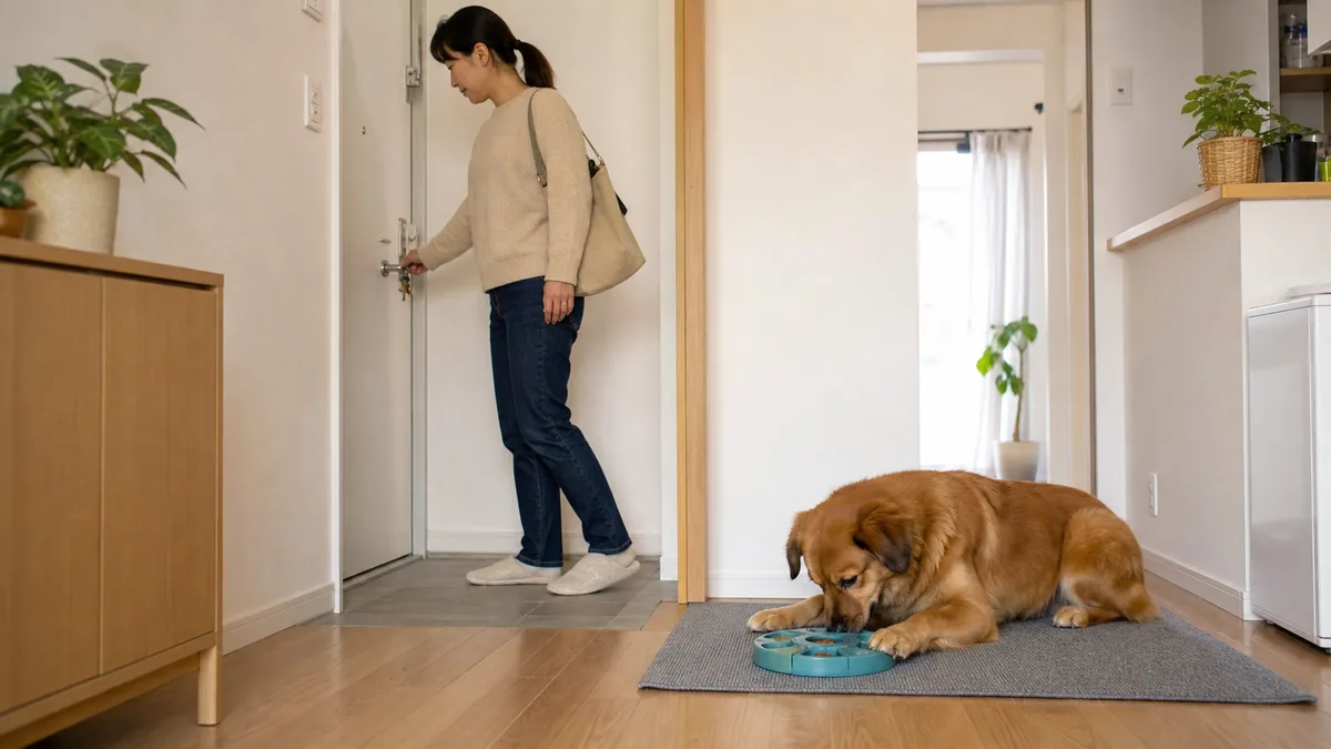 短い外出練習中にマットで落ち着く犬