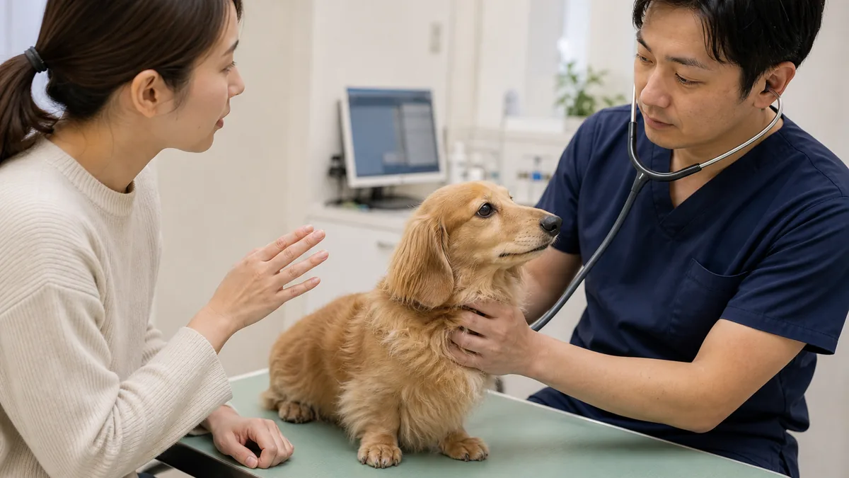 ため息や呼吸の様子について動物病院で相談する犬