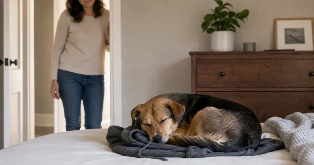 飼い主のパーカーの上で丸くなって眠る犬