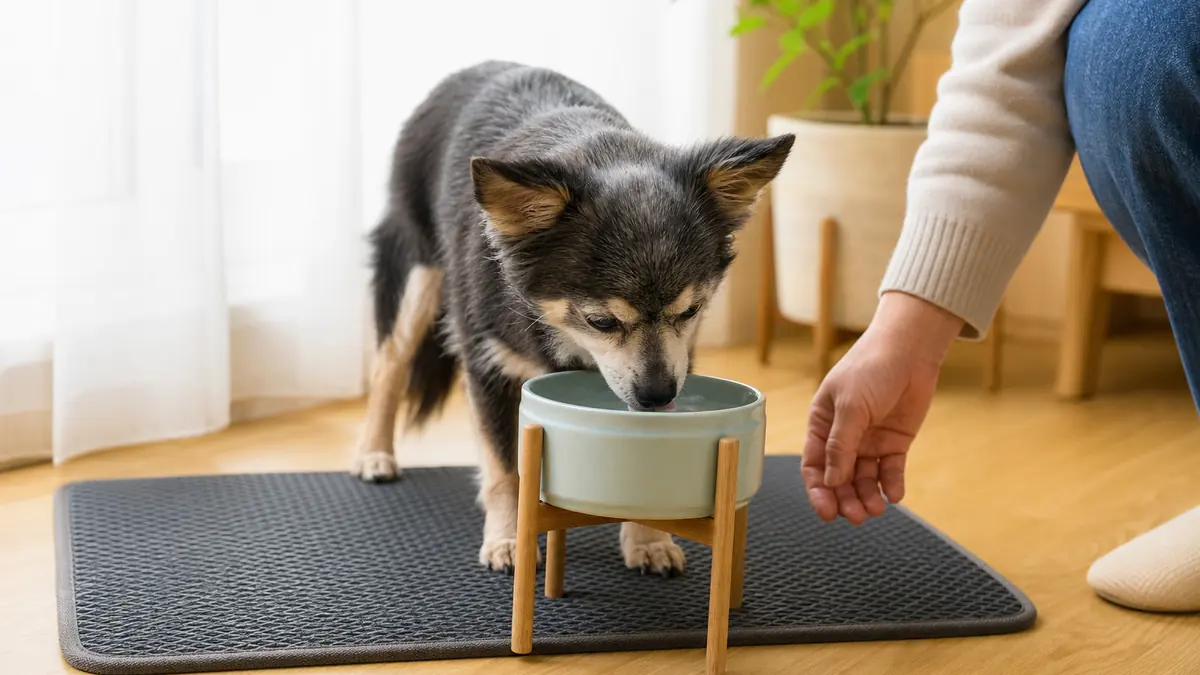 滑りにくいマットの上でゆっくり水を飲む犬