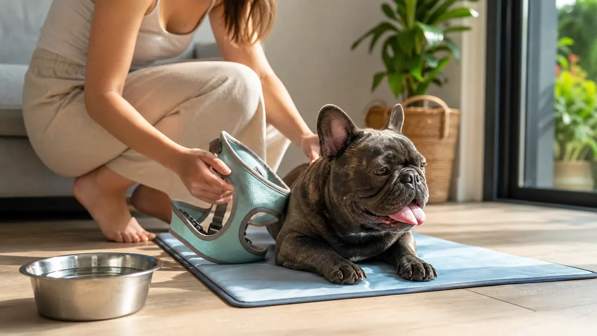 短頭種の犬を涼しい室内で休ませ呼吸の様子を確認する場面