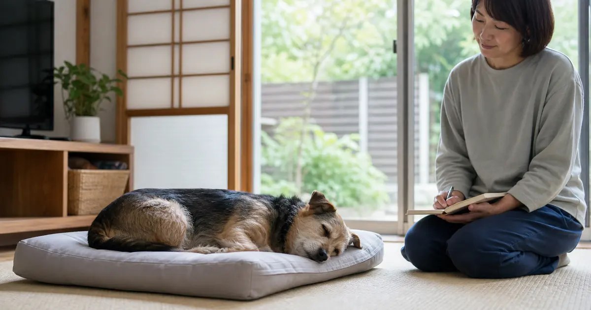 寝ている犬の呼吸音を静かに観察してメモする飼い主