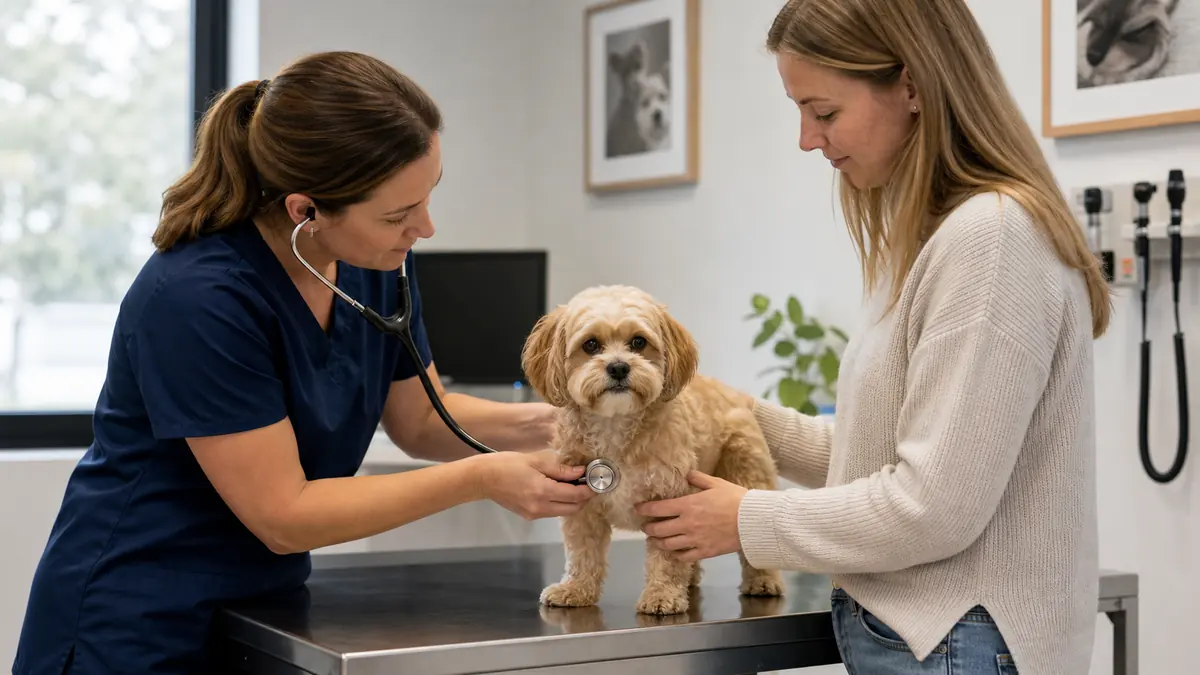 動物病院で犬の呼吸状態を獣医師に確認してもらう場面