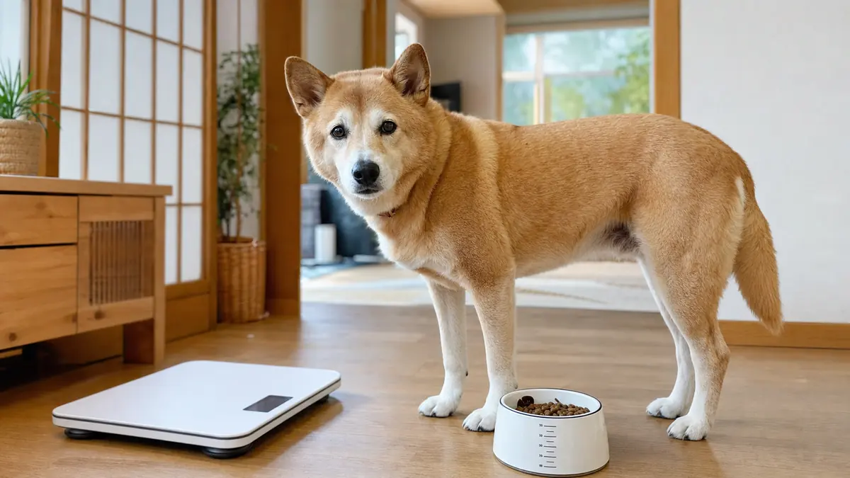 犬の体重管理のため食事量と体型を家庭で確認する様子