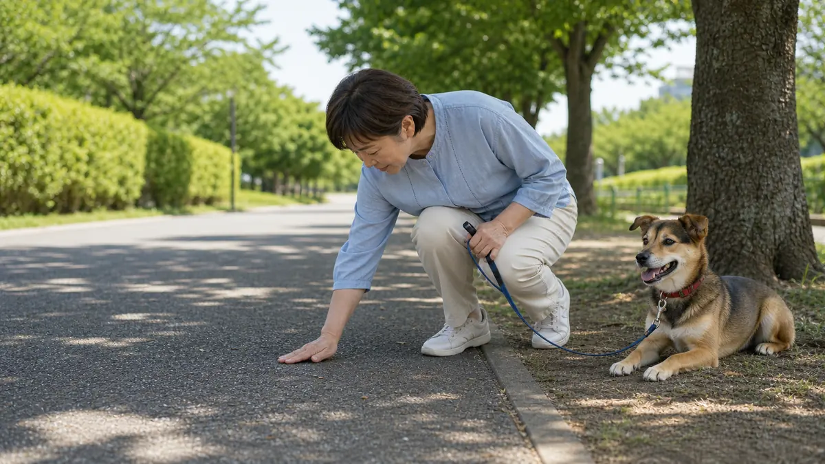 夏の散歩前に日陰で犬を待たせながら路面の熱さを手で確認する飼い主。