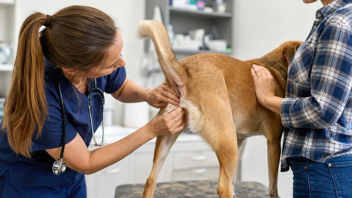 しっぽの付け根と腰を動物病院で確認する犬