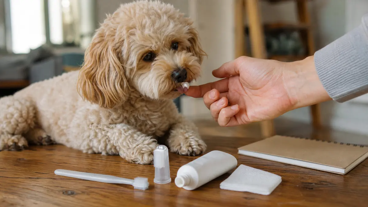 犬用歯ブラシや歯みがき道具を準備して慣らす様子