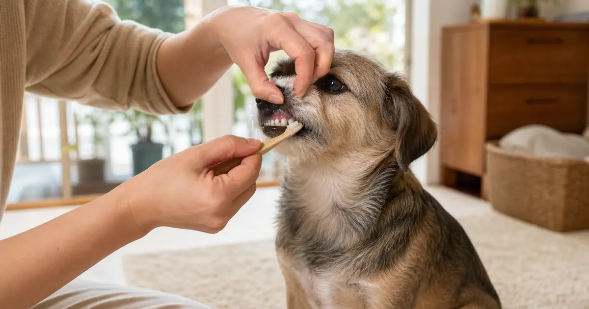 自宅で犬の歯みがきをやさしく練習する様子