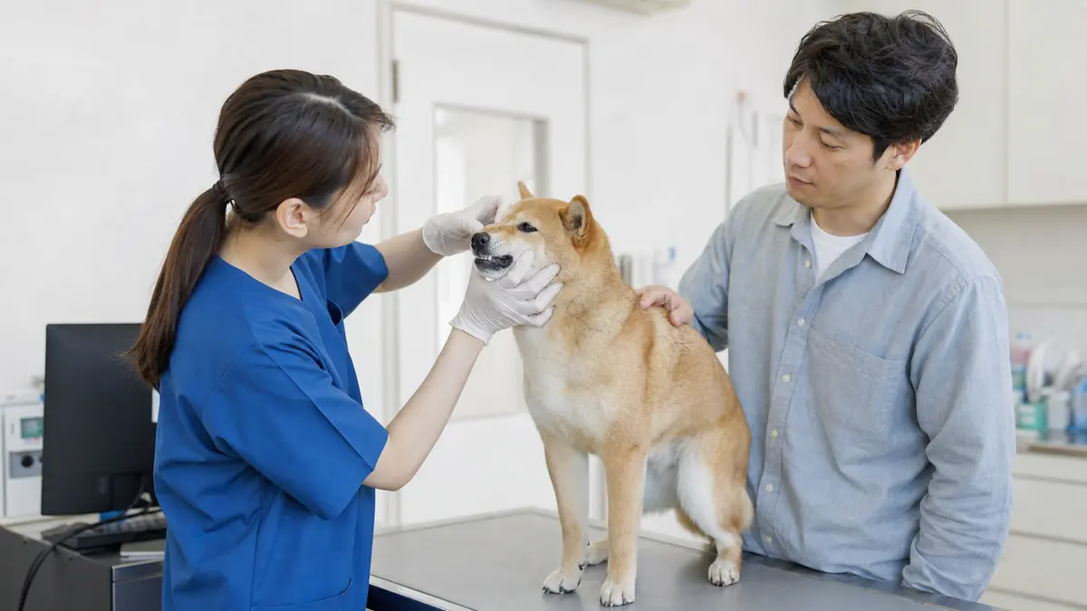 動物病院で犬の口の中を確認してもらう様子