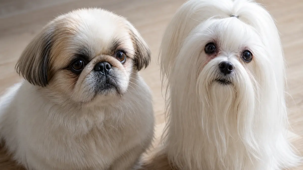 短い鼻の犬と白い長毛犬が並び、目元と顔まわりの毛の流れが見える様子。