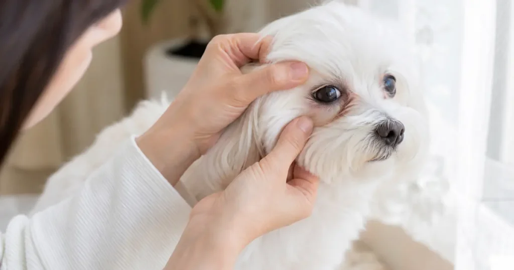 明るい窓辺で白い小型犬の目元をやさしく確認する飼い主の手。