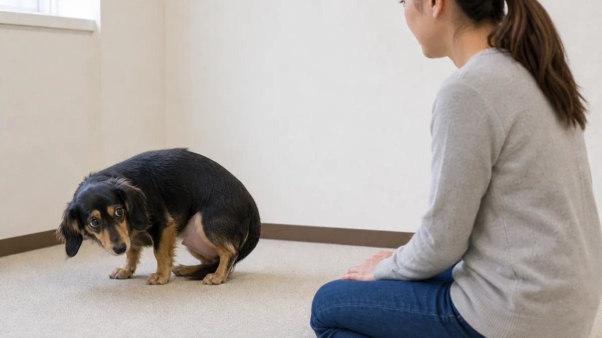 緊張してお腹を見せる犬に距離を取る飼い主