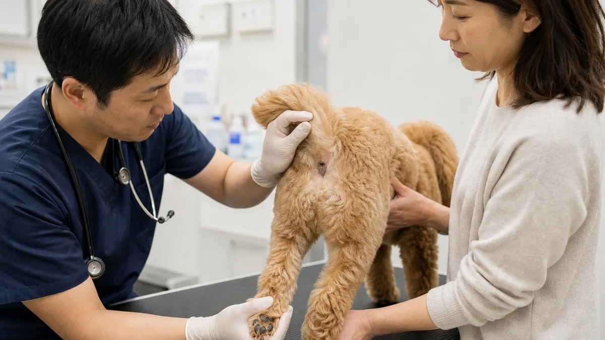 トイレ後に走る行動と肛門まわりを動物病院で確認する犬