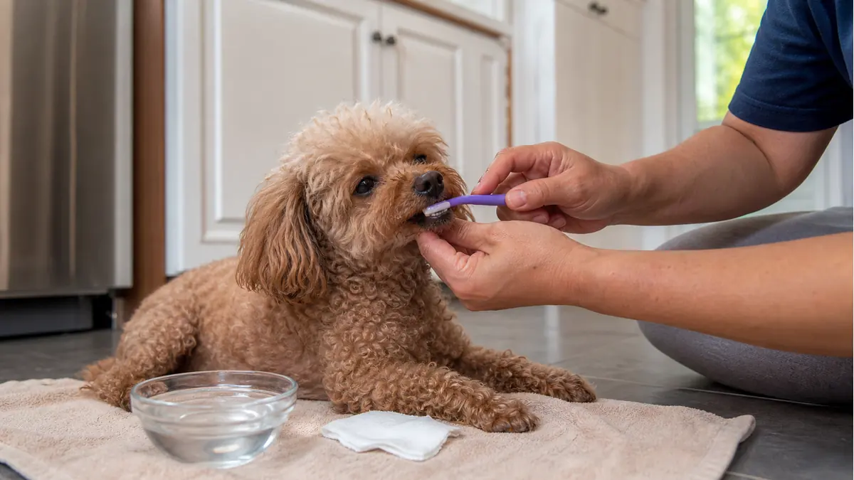 小型犬が家庭で犬用歯ブラシに慣れる練習をしている様子