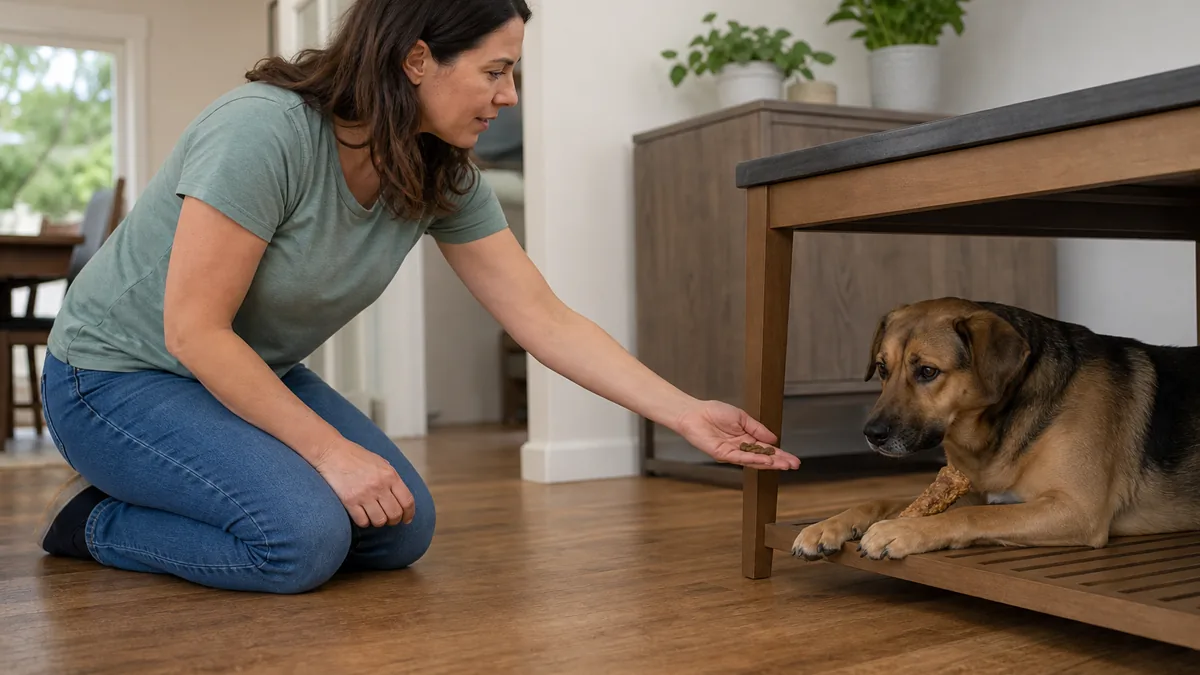 隠した食べ物を無理に取らず交換練習をする飼い主と犬