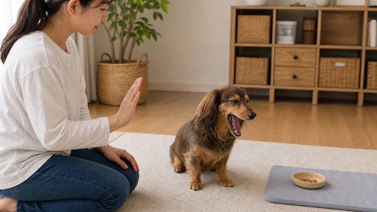 あくびをした犬にトレーニングの休憩を入れる飼い主