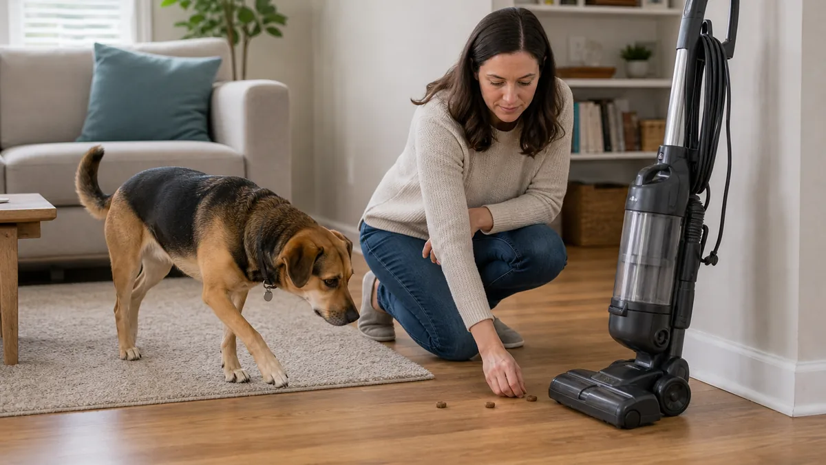 電源を切った掃除機の近くでおやつを使って慣らす犬