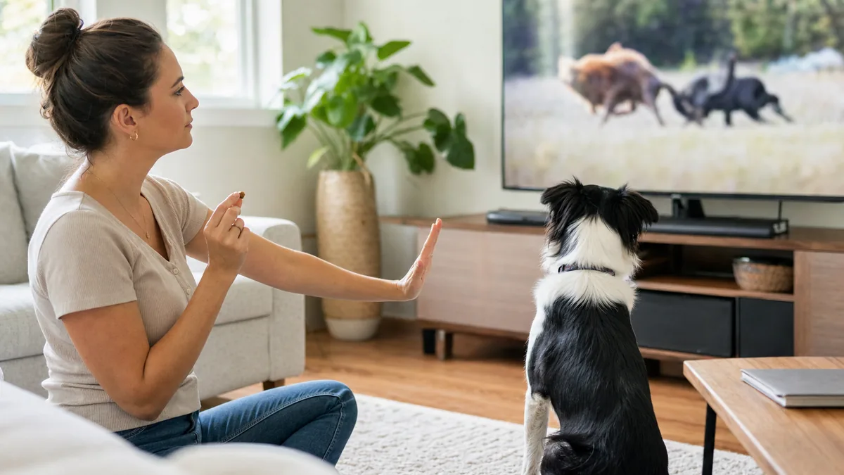 テレビの動物映像に反応する犬を飼い主が穏やかに誘導する様子