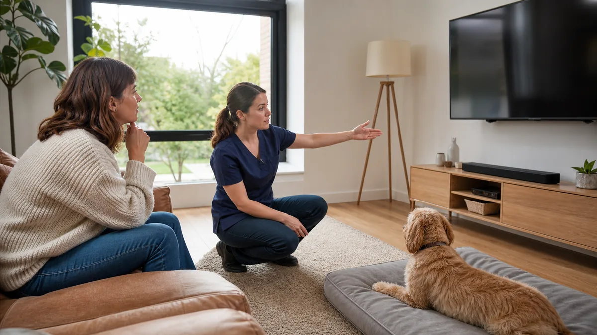 犬がテレビに反応する行動について専門家と相談する様子
