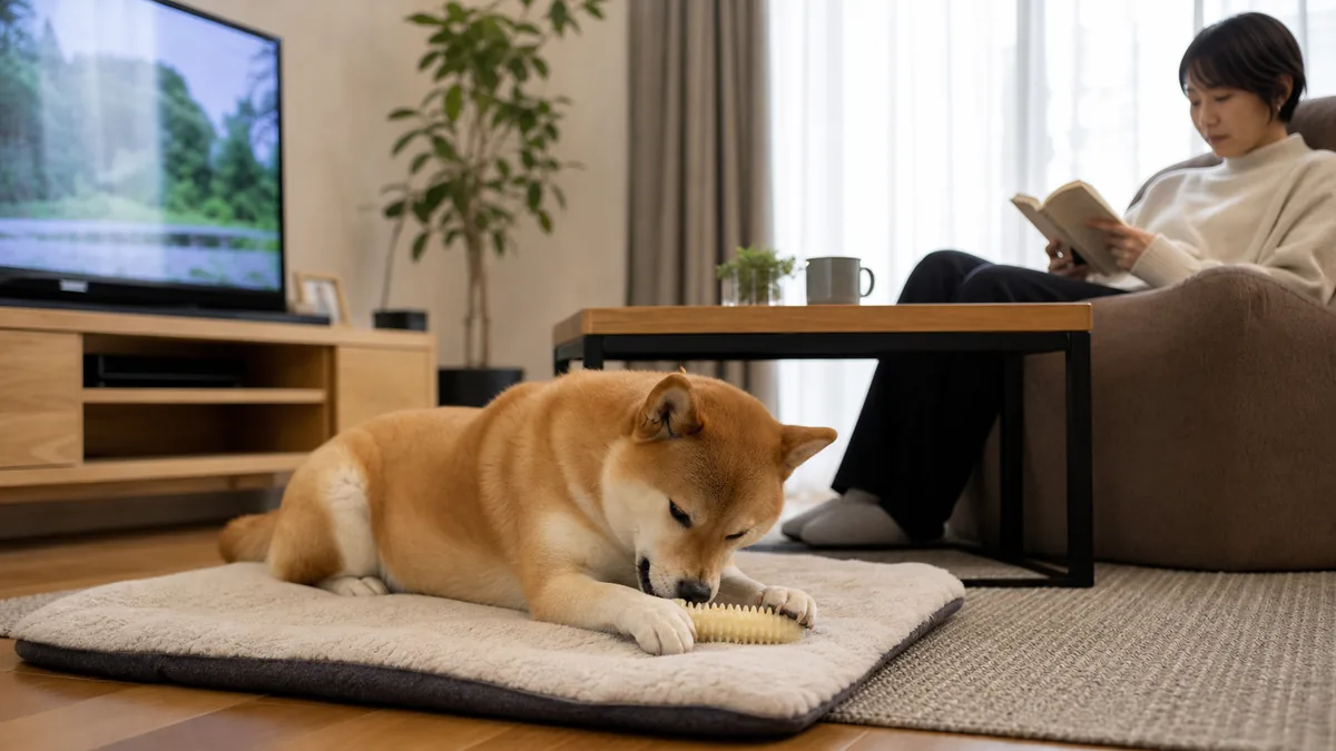 テレビがついた部屋でマットの上で落ち着く犬