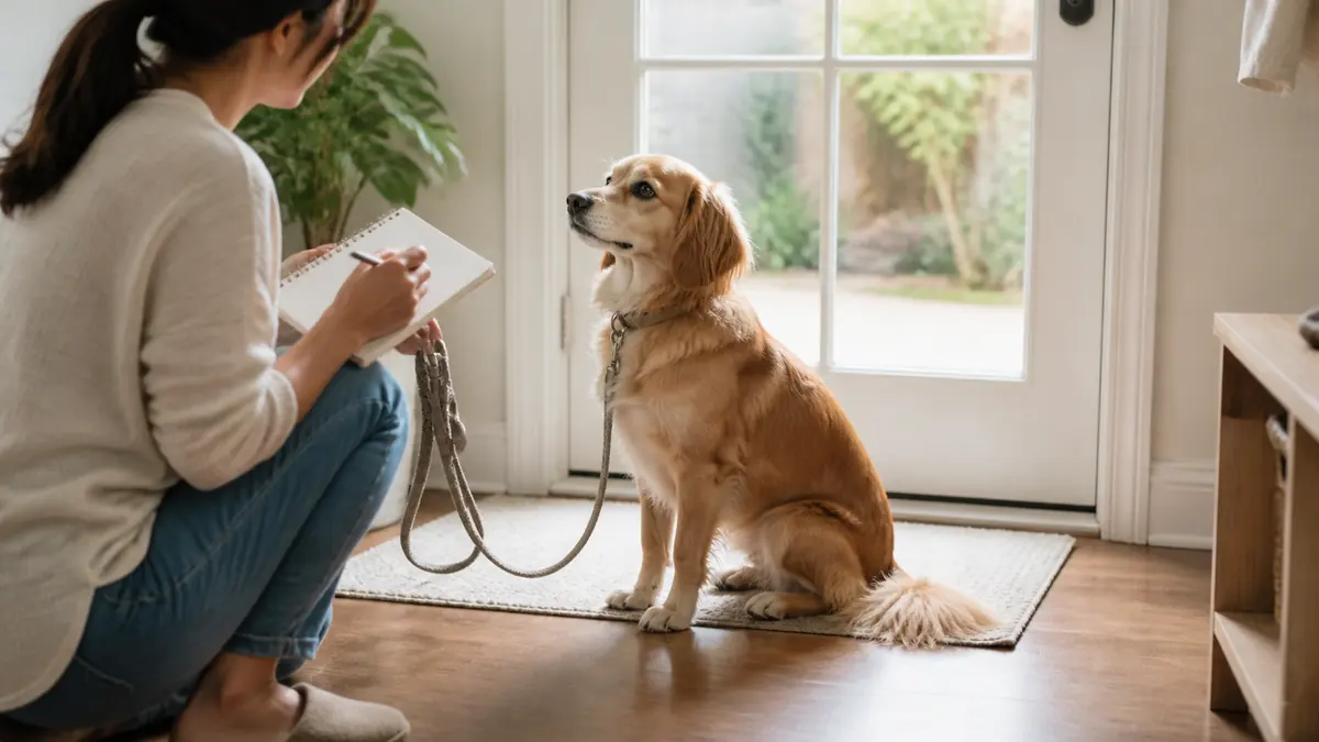 玄関近くでトイレのタイミングを観察する犬と飼い主