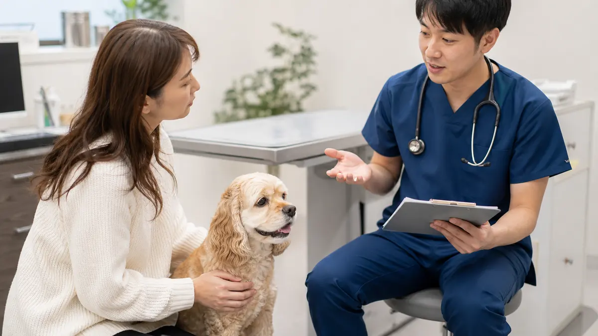 動物病院で尿の変化を相談する犬と飼い主