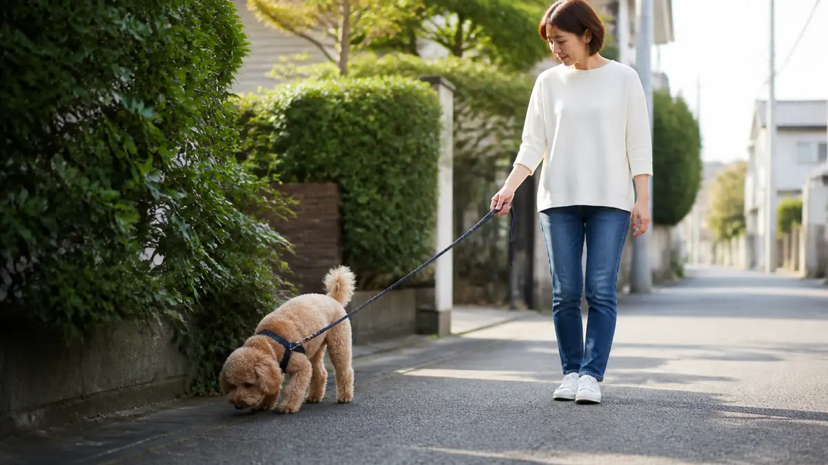 散歩中に排尿の様子を落ち着いて見守る飼い主と犬