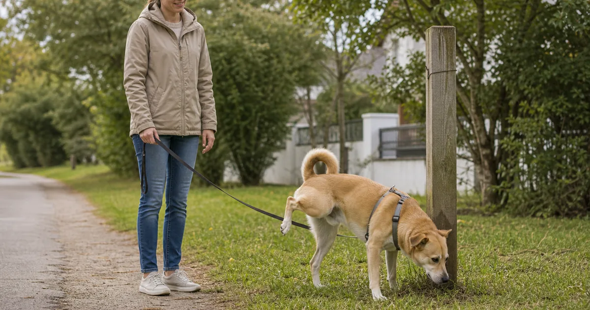 散歩中に同じ柱のにおいを確認してマーキングする犬