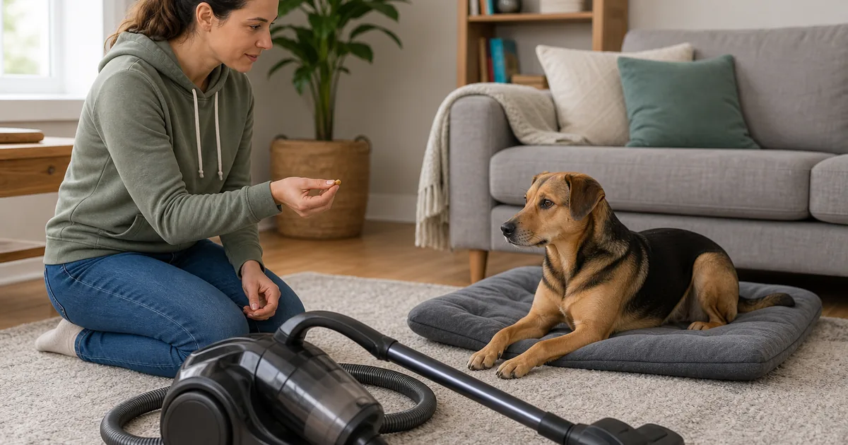 電源を切った掃除機を離れた場所から見る犬