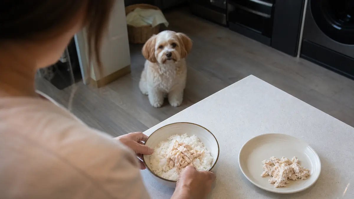 回復期の犬に少量の消化しやすい食事を用意する様子
