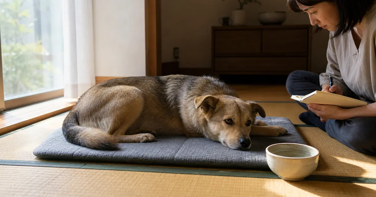 吐いたあとに水とメモをそばにして休む犬