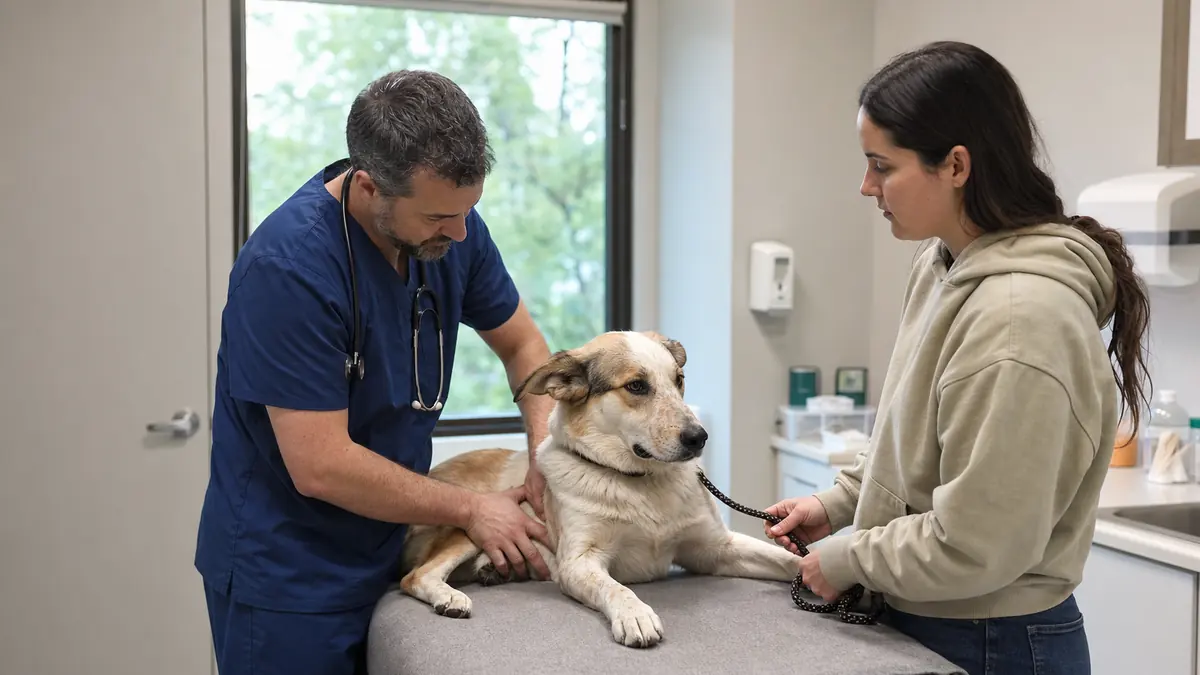 吐き気が続く犬のお腹をやさしく確認する獣医師