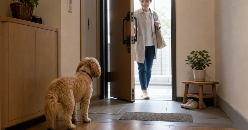 分離不安が気になる犬が飼い主の外出後に玄関で待つ様子