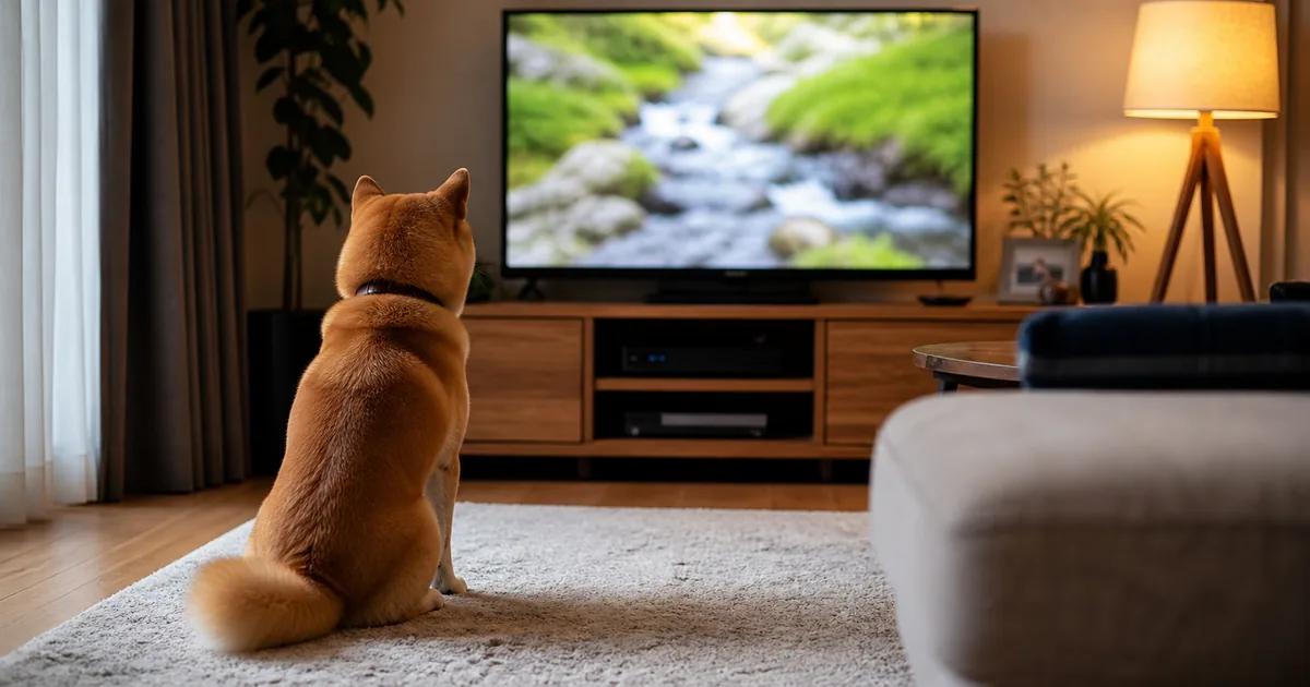 テレビを離れた場所から落ち着いて見る犬