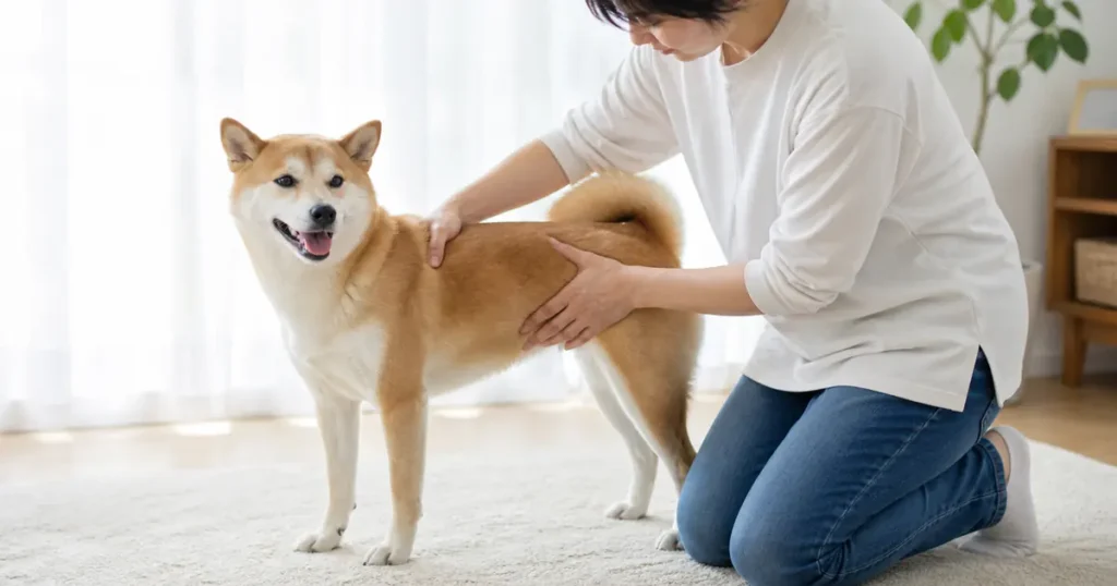 犬の体重管理で肋骨と腰まわりの体型を確認する飼い主