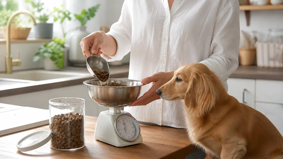 犬の食事量をキッチンスケールで量る飼い主