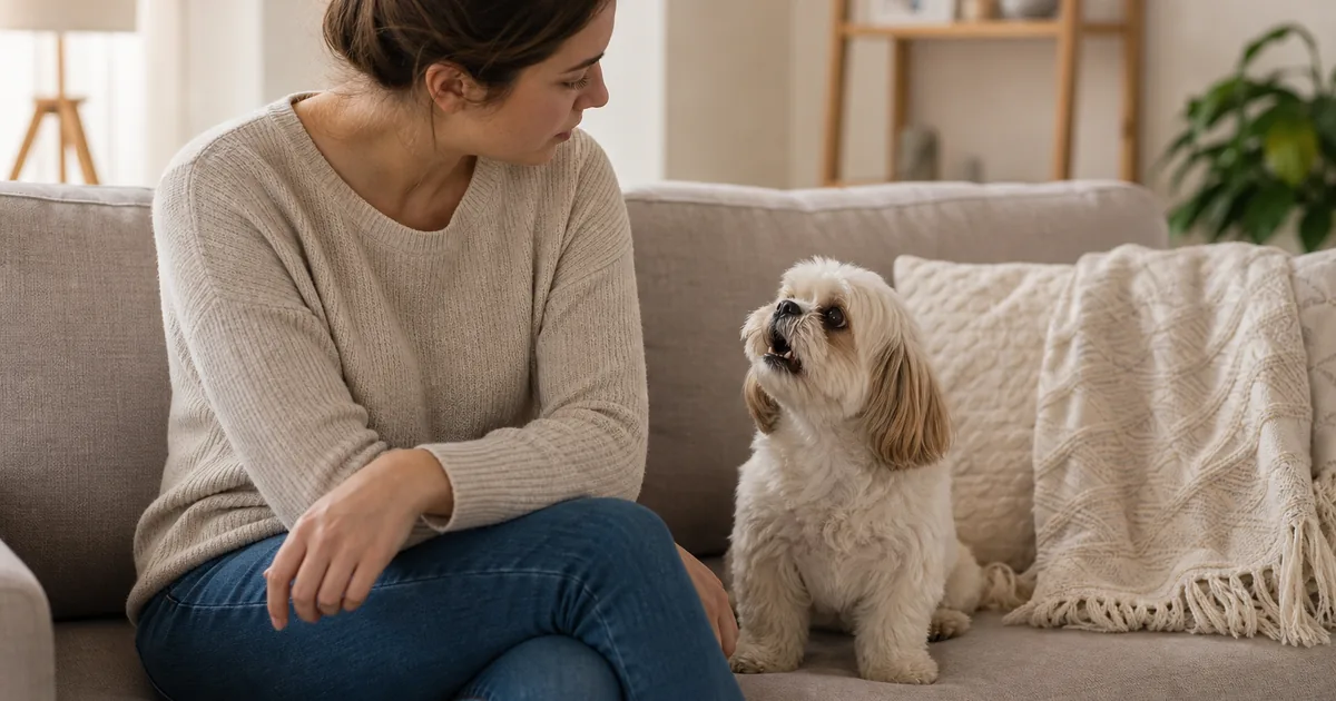 ソファのそばでピーピー鳴く犬の様子を見守る飼い主