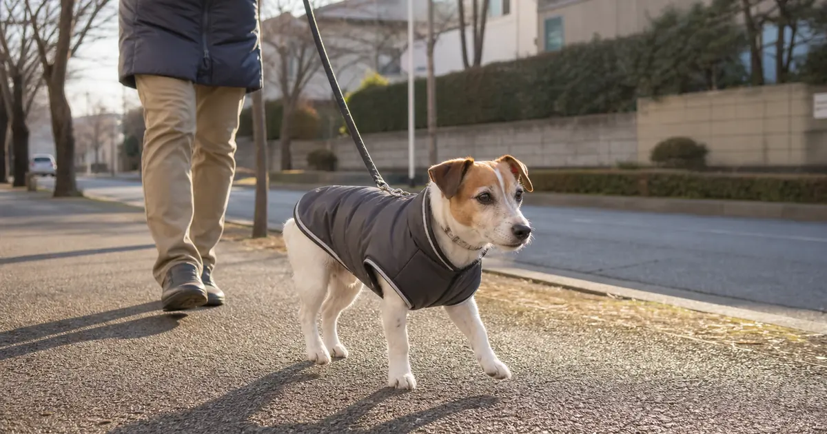 冬の朝に防寒コートを着て散歩する小型犬