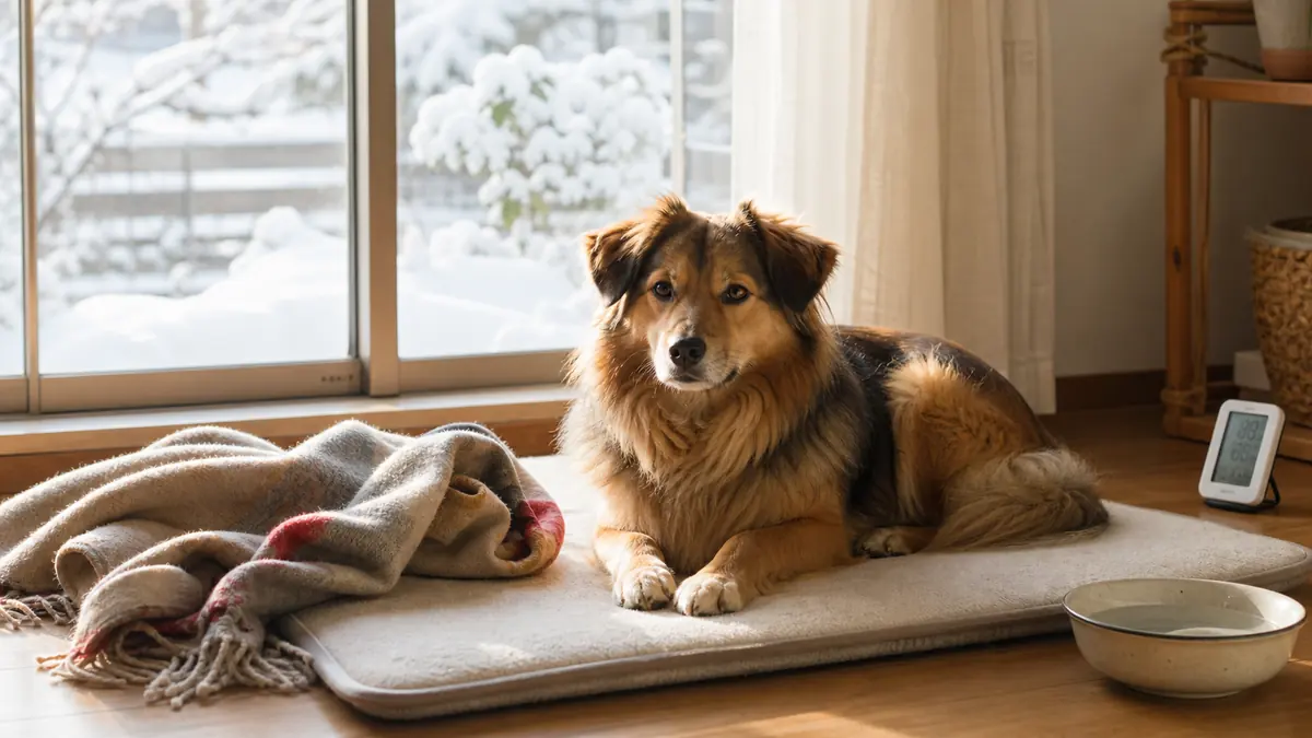 冬の室内で日当たりのよいマットに休む犬
