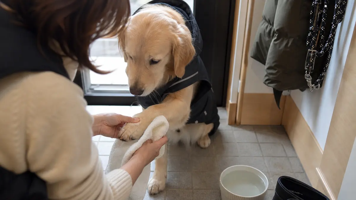 冬の散歩後に玄関で犬の足裏をタオルで拭く様子